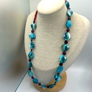 Blue Shell Abalone Beaded Necklace Red Beaded Spacers 19” L